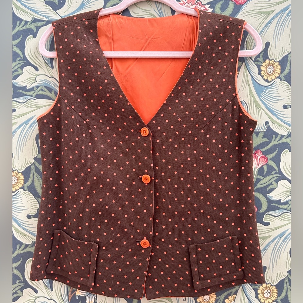 70s 1970s Vintage Brown button up vest with orange pin dots and an orange lining